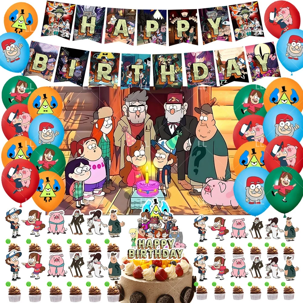 Cartoon Gravity Falls Themen-Set für Kindergeburtstage: Ballons, Tortendekoration, Banner, Zubehör, Baby- und Kindergeschenke, Foto-Requisiten
