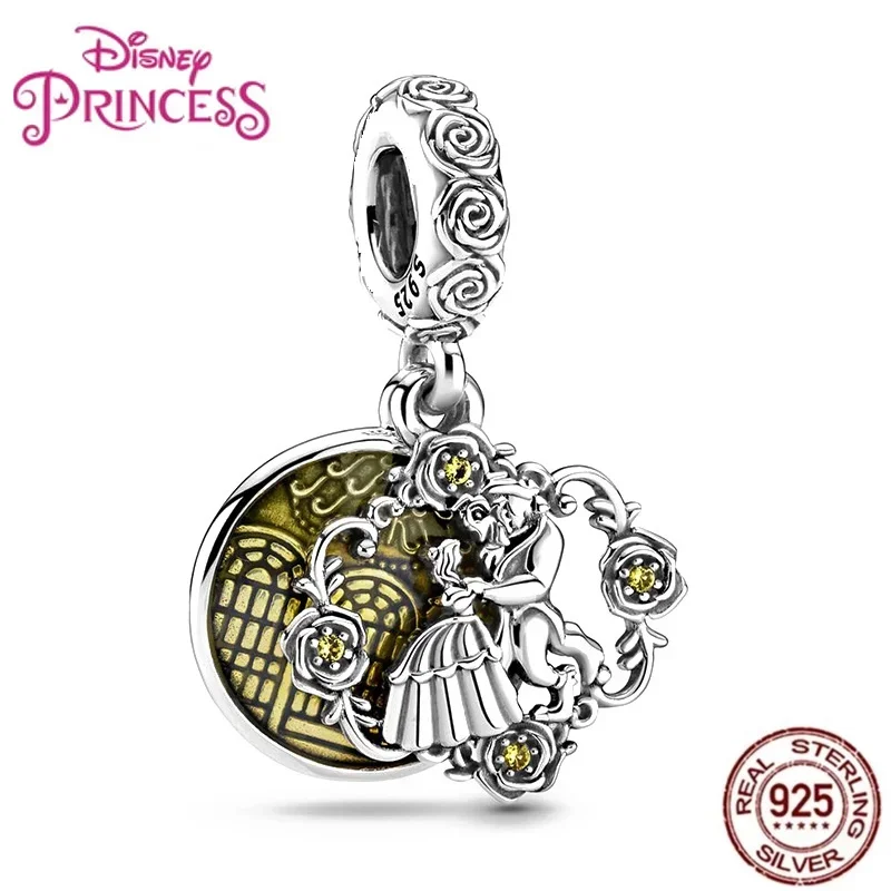 MINISODisney-Charm aus 925er Silber „Die Schöne und das Biest“-Anhänger aus Sterlingsilber, Perlen-Rosen-Charm, passend für Original-Pandora-Damenschmuck