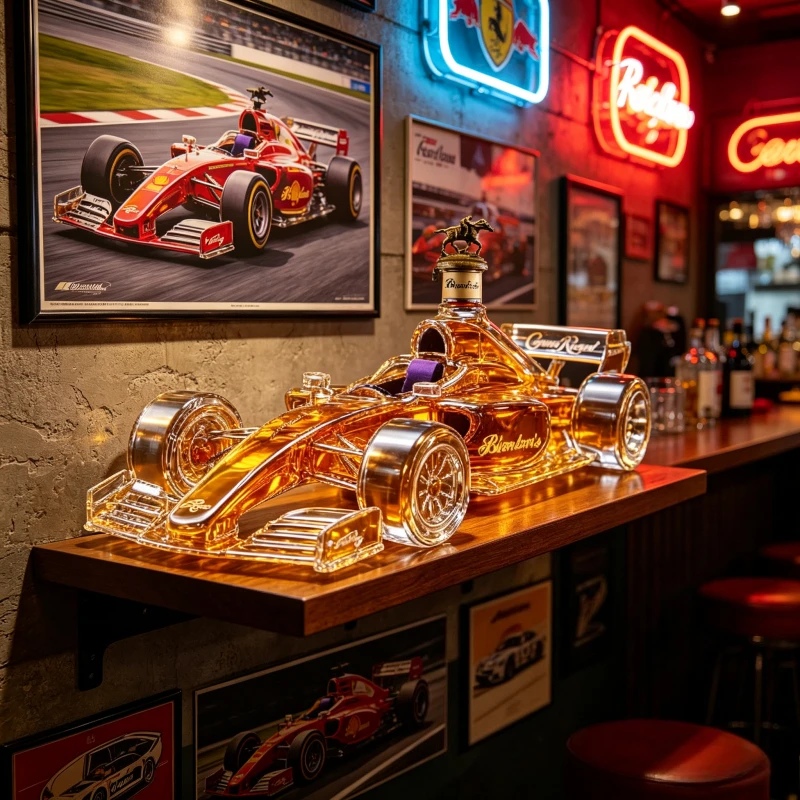 Decantador de Whisky de Vidrio de Borosilicato de Alta Calidad con Forma de Carrera, Botella Decorativa Única para un Diseño Interior Interesante