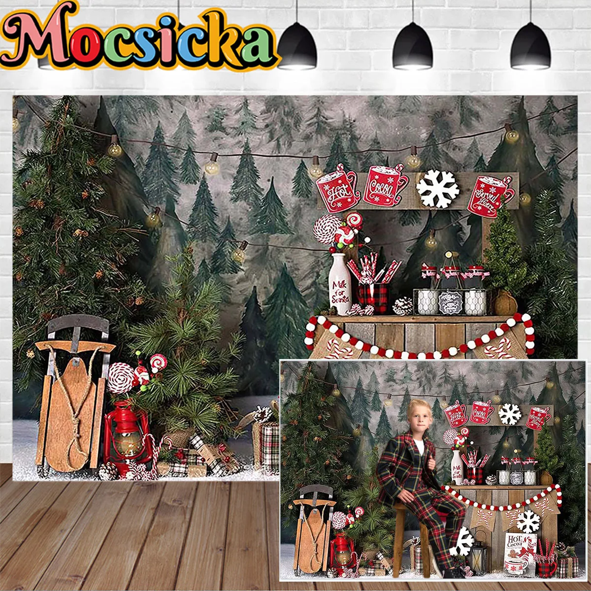 

Mocsicka Winter Christmas Gift Backdrop Snow Hot Cocoa Shop Forest Xmas Tree Decor Background Children Family Portrait Photocall