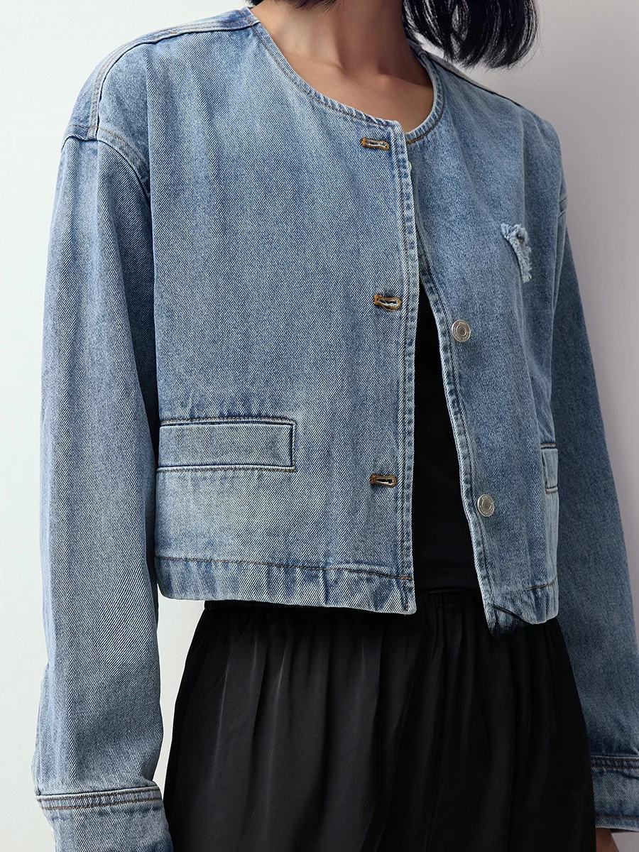 

Romance Studio American Casual Retro Denim Blue ort Coat Classic Sle Small Size Heightening Women's Faion Outerwear
