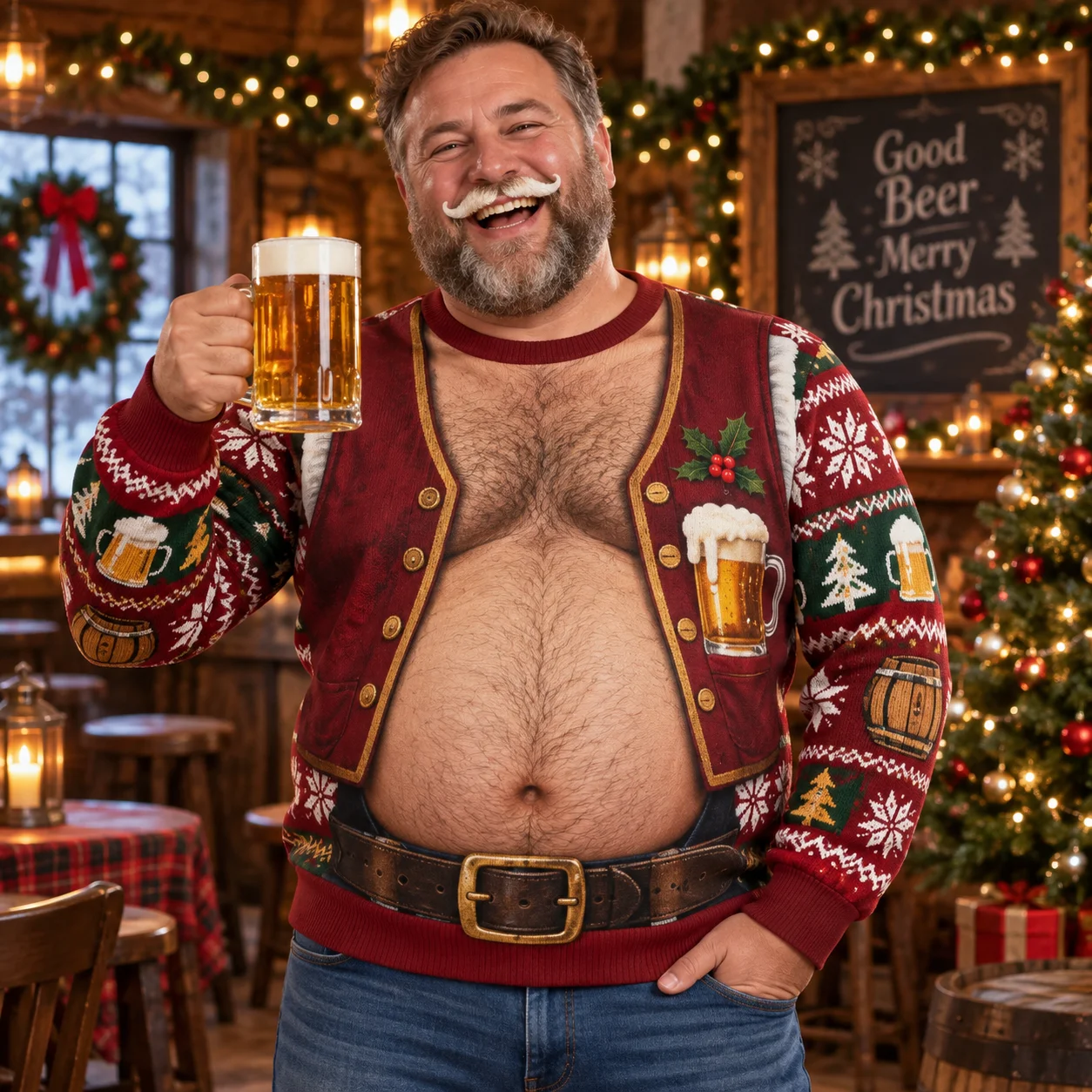 Beer Belly Dad Bod Ugly Christmas Sweater Men 3D Print Polyester Crewneck - usage example