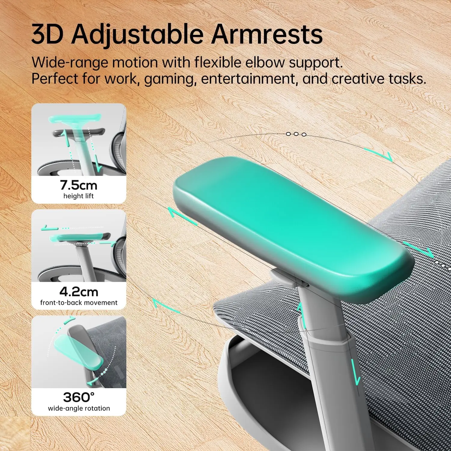 Office Chair, Mesh, White, with 3D Lumbar Support, 3D 360° Rotation Arm, 3D Headrest and 135° Stepless Tilt Function