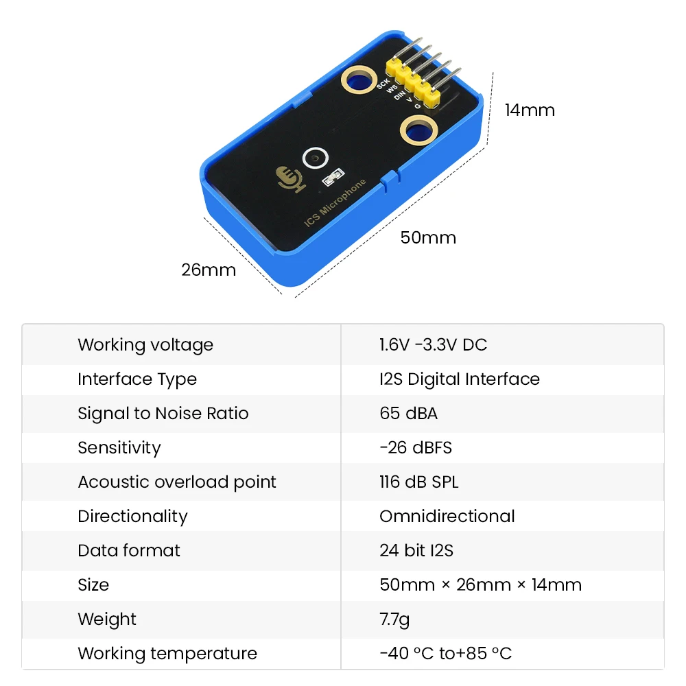 KEYESTUDIO ICS Microphone Module I2S Digital Interface 24 bit I2S Date Format Compatible with Arduino/ESP32/Raspberry Pico