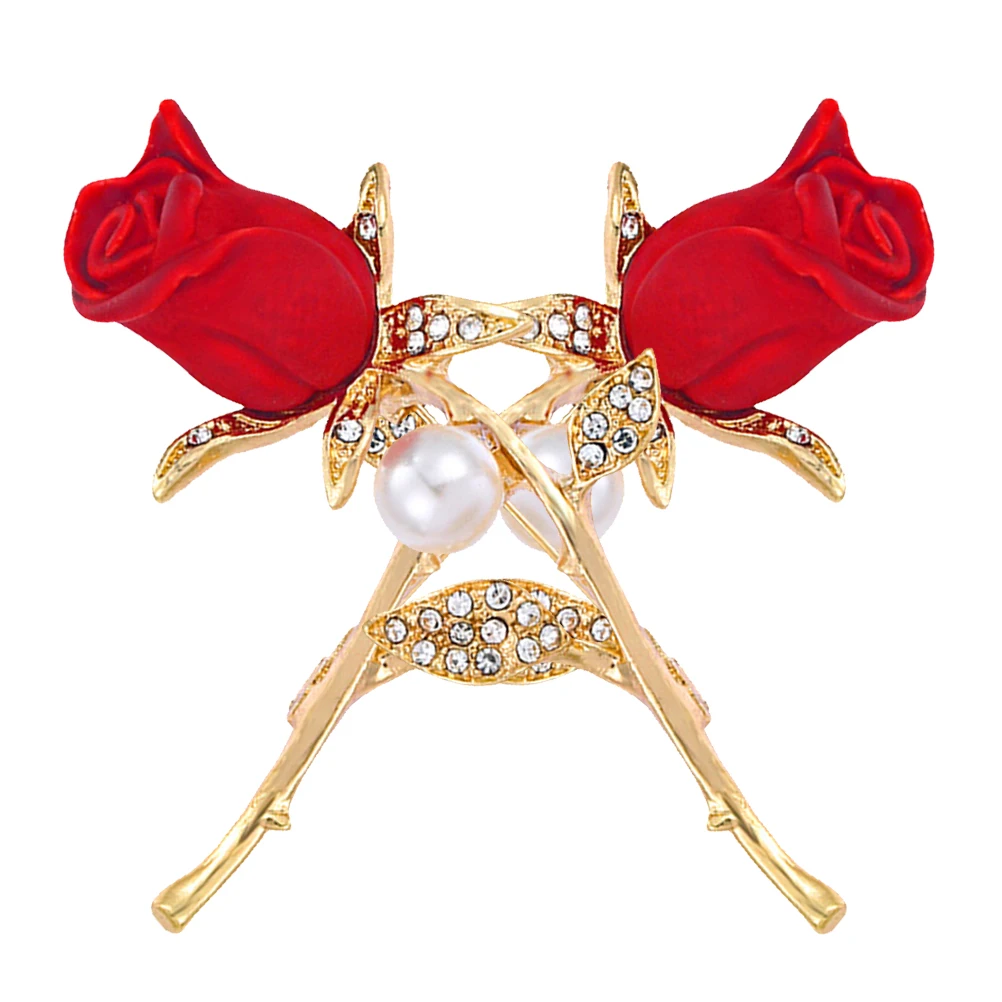 2Pcs Red Rose Brooch Romantic Series Rhinestone Floral Accessory Wedding Anniversary Elegant Pin