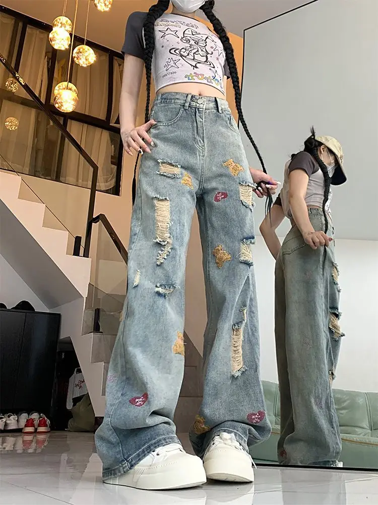 

Japan Retro Embroidered Jeans Female Spring Tall Waist Slim Straight Wide-Leg Pants