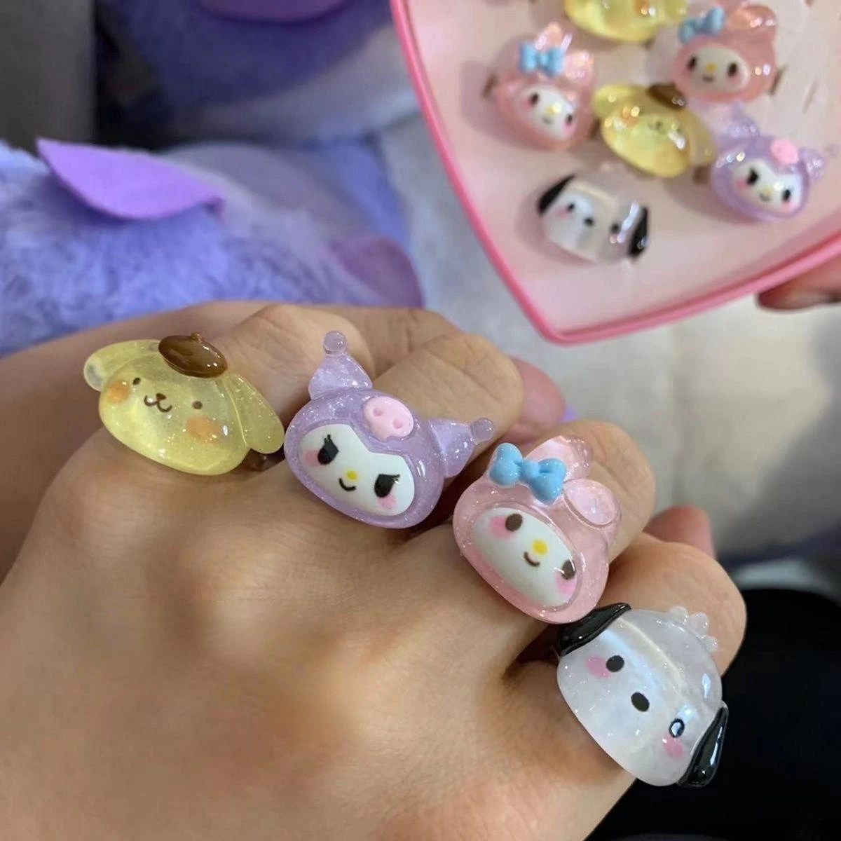 Sanrio cartoon adjustable ring lovely Cinnamorroll My Melody Kuromi doll resin accessories children's decorative toys girl gift