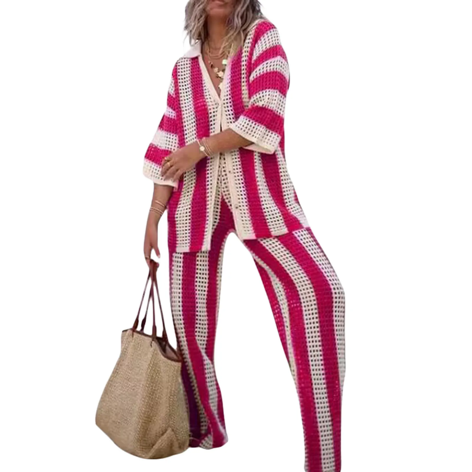 Set di pantaloni a gamba larga lavorati a maglia larghi con scollo a V alla moda estiva da donna