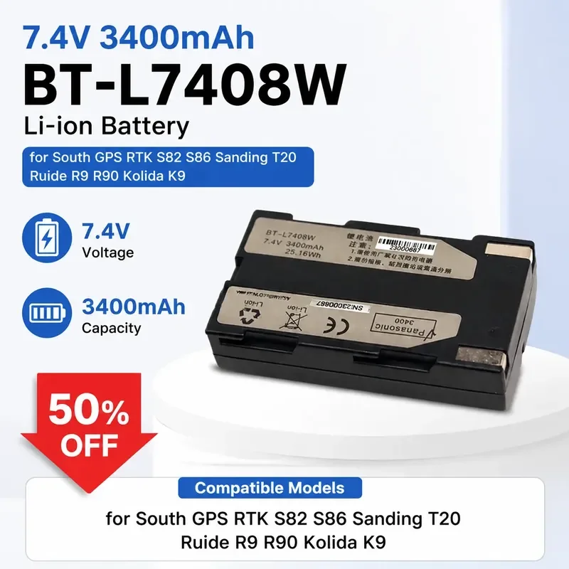 

7.4V 3400mAh BT-L7408W Li-ion Battery for South GPS RTK S82 S86 Sanding T20 Ruide R9 R90 Kolida K9