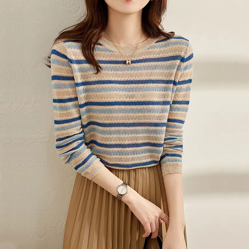 2023 Spring Autumn Women Vintage Striped Hollow Chic Knitwears Korean Fashion Round Neck Long Sleeve Loose Pullover Tops Jumpers