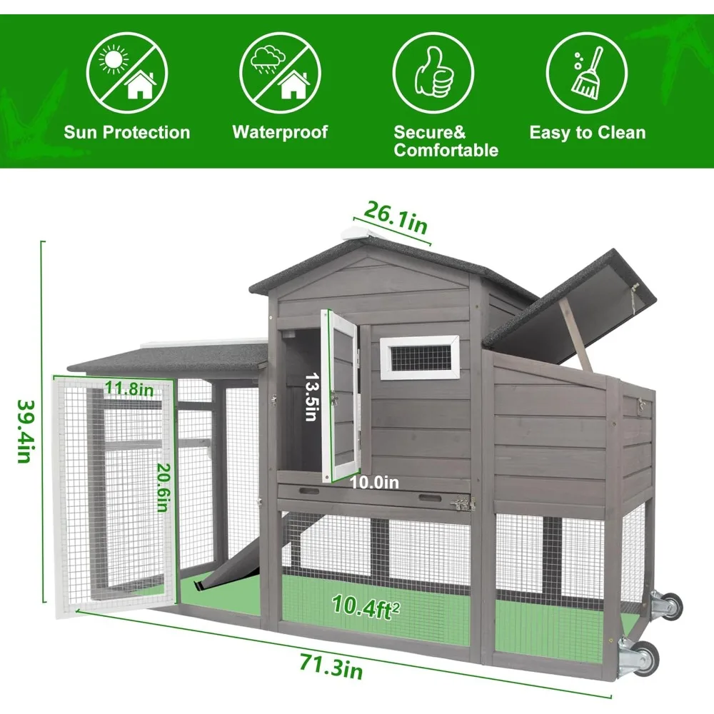 Chicken Coop Outdoor for 2-3 Chickens Hous- Poultry Cage Back Yard Mobile Hen House with Run & Nesting Box