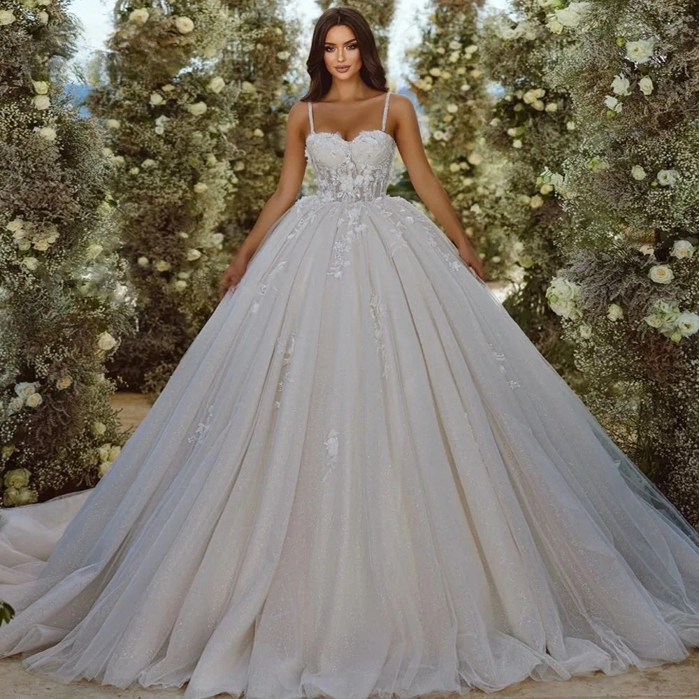 Sweetheart Spaghetti Straps Wedding Dresses Appliques Bridal Gown Customized Ball Gown Removable Sleeves Vestido De Novia