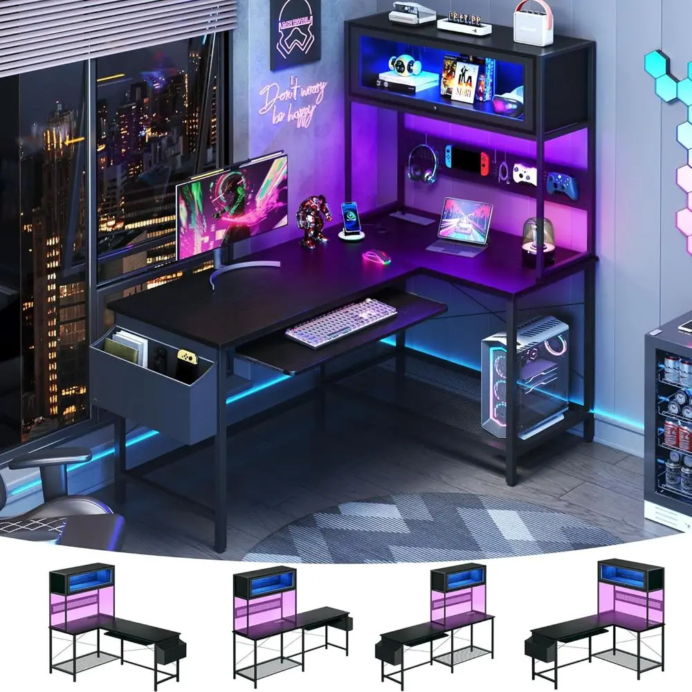 39 مكتب ألعاب على شكل حرف L مضاء بإضاءة LED مع منافذ طاقة وخزانة وتخزين، أسود