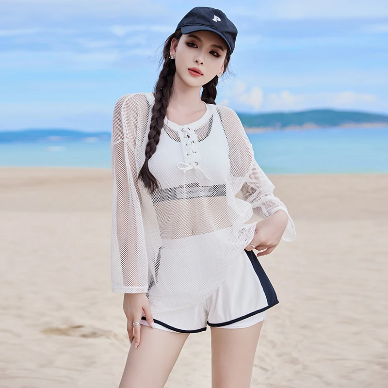 

Women's Summer Bathing Suit Push Up 3 Pieces Mesh Long Sleeve Cover Up Swimsuit Swimwear Swim Patchwork Sport Shorts High Waist