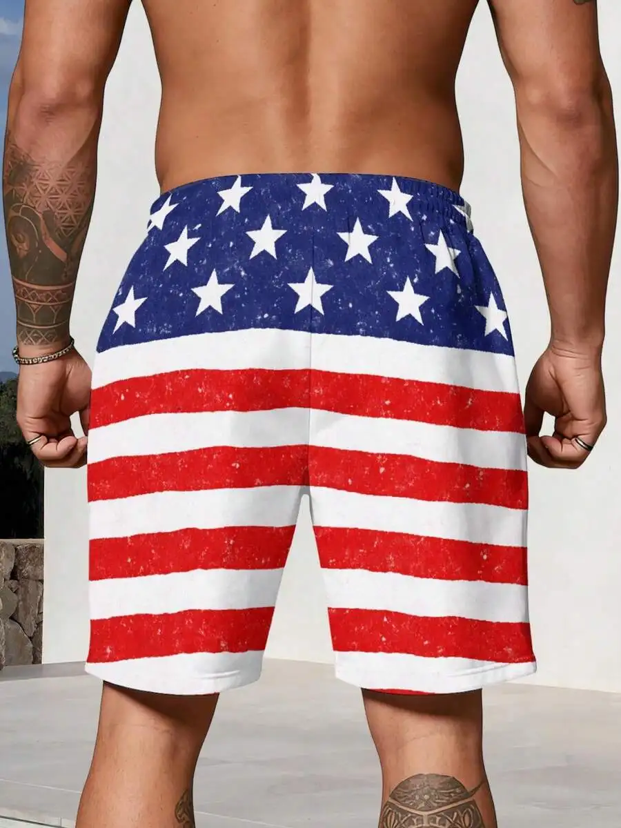 

American Flag Patriotic Beach Shorts For Men Summer Casual Relaxed Fit Lightweight Breathable