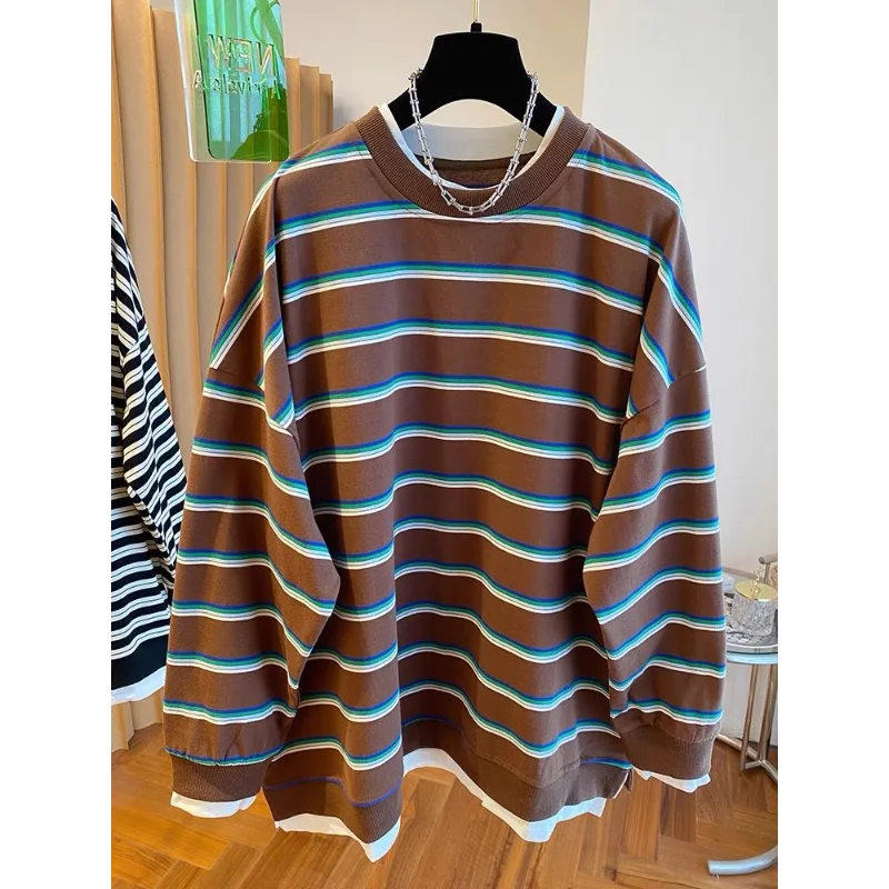 

Striped Fake Two-piece Sweatshirt Women's Loose Autumn New Temperament Pullover Long-sleeved Top