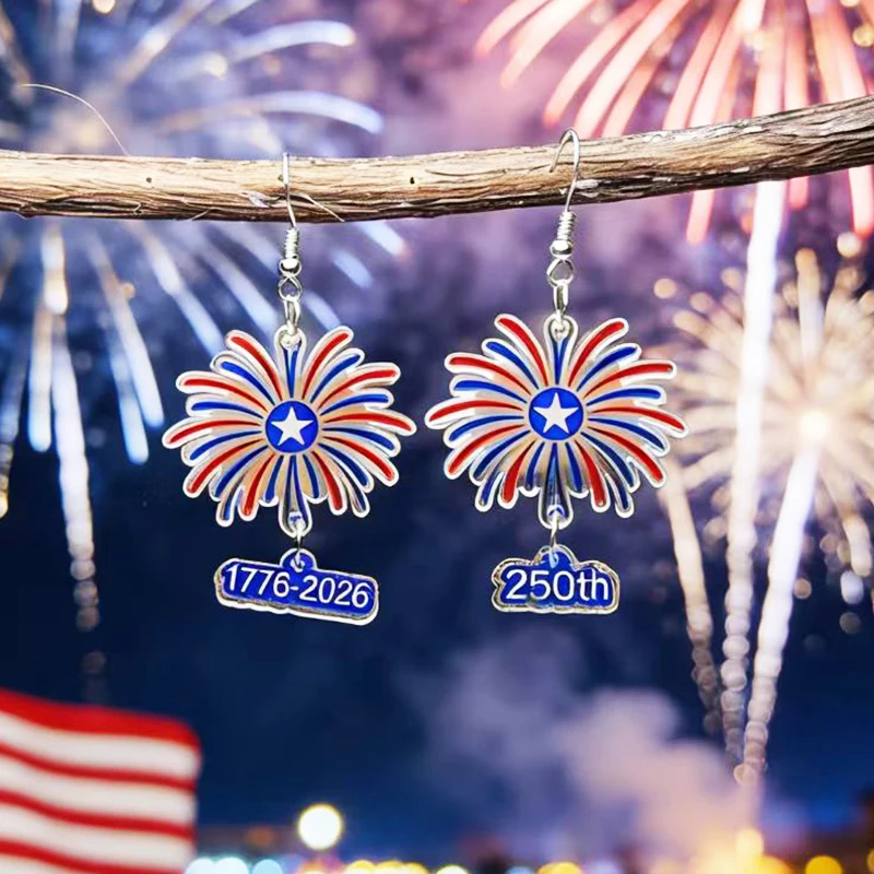 New Independence Day Firework Earrings 1776-2026 USA 250th Anniversary Celebration Double-Sided Acrylic Earrings Decorative Gift