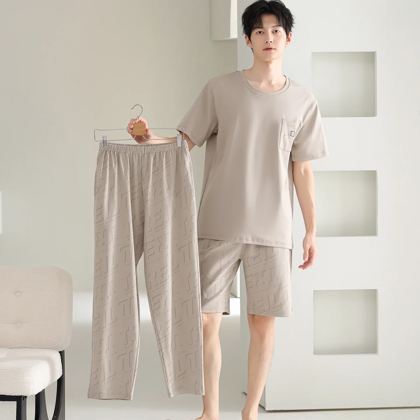 3 Pieces Set Men's Cotton Pajamas Summer Short Sleeves Shorts Long Pant Homewear Young Boy Male Pjs Pyjamas Hombre Dropship