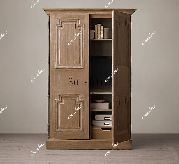 American country solid wood bedroom small apartment oak retro old bookcase furniture  FT