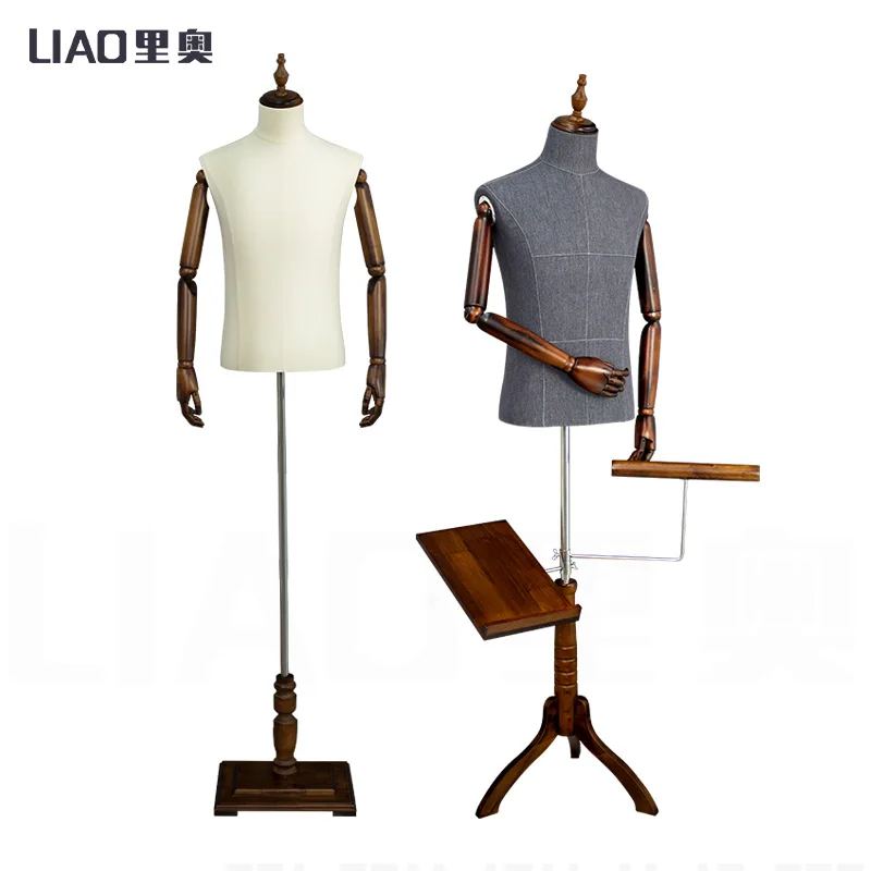 Business Suit Male Mannequin Wood Flexible Arms Black Linen Upper Half Body Male Mannequin for Men Dummy Suits Display