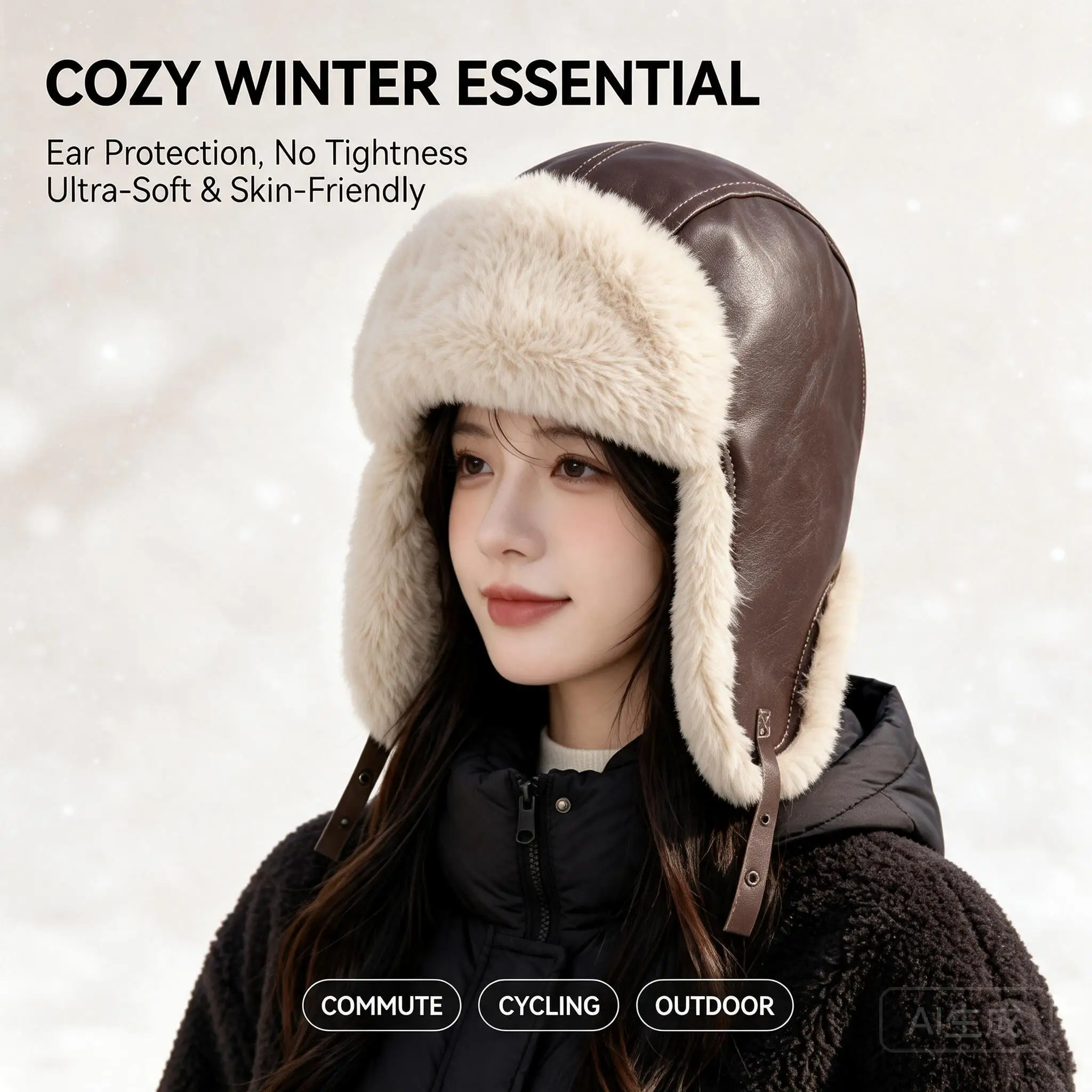Unisex Winter Warm Thickened Faux Leather Plush Lined Earflap Trapper Hat For Outdoor Cycling Commuting Cold Weather Daily Wear