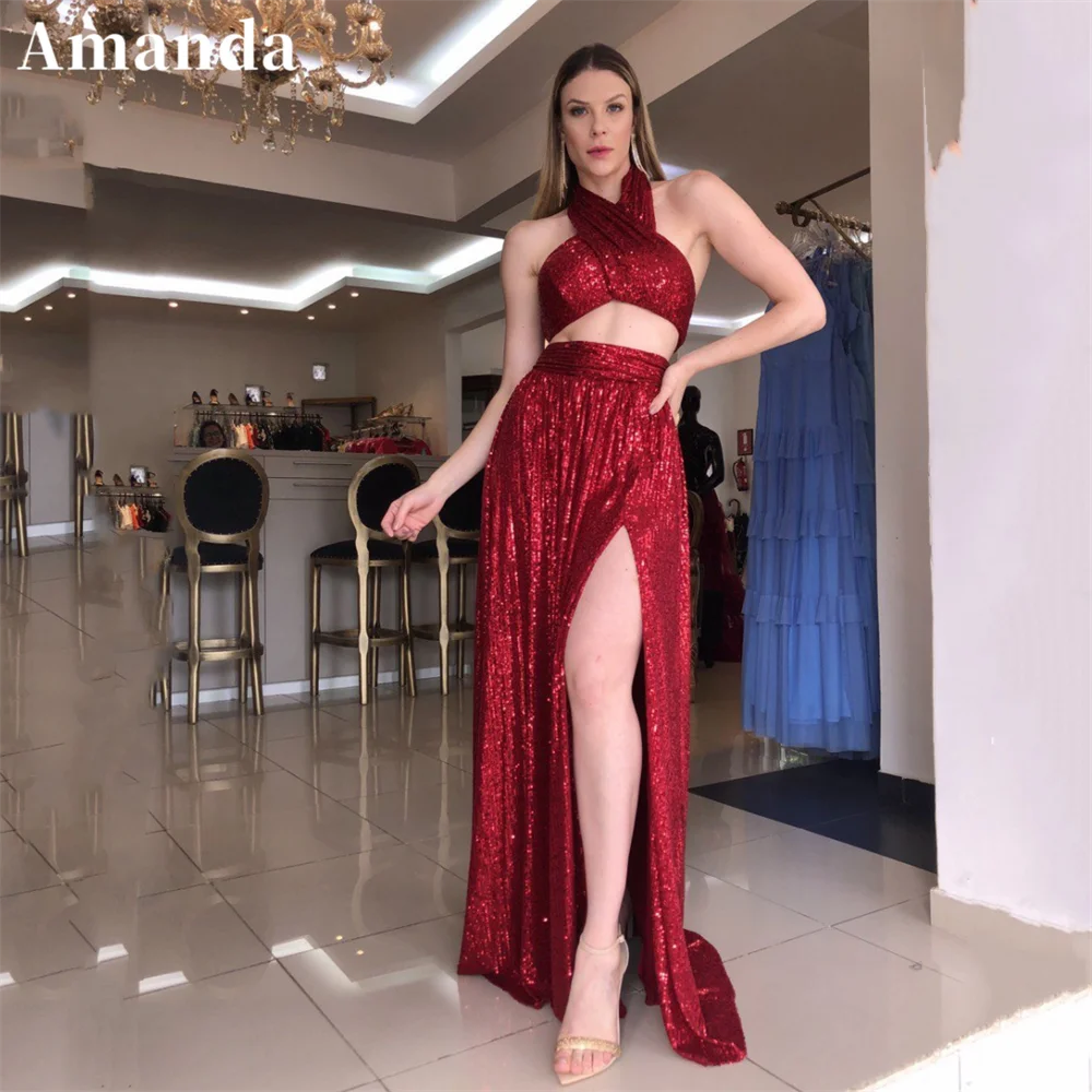 

Amanda Gliiter Sequins Burgundy Prom Dress 2023 Sexy Halter Neck Vestidos De Noche Shiny Sleeveless فساتين مناسبة رسمية