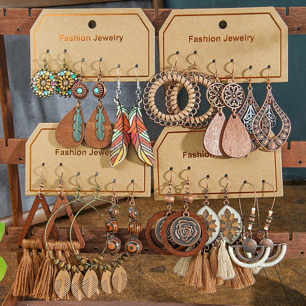 Boho Vintage Earrings Set Brown Series Dangle Earrings Tribal Log Statement Geometric Party Decors Daily Wear Gifts Vacation