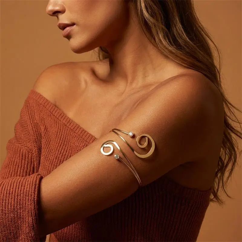 ●Punk Rhinestone Geometric Spiral Arm Cuff Bracelet For Women Gold Music Note Adjustable Open Bangle Vacation Jewelry Gift