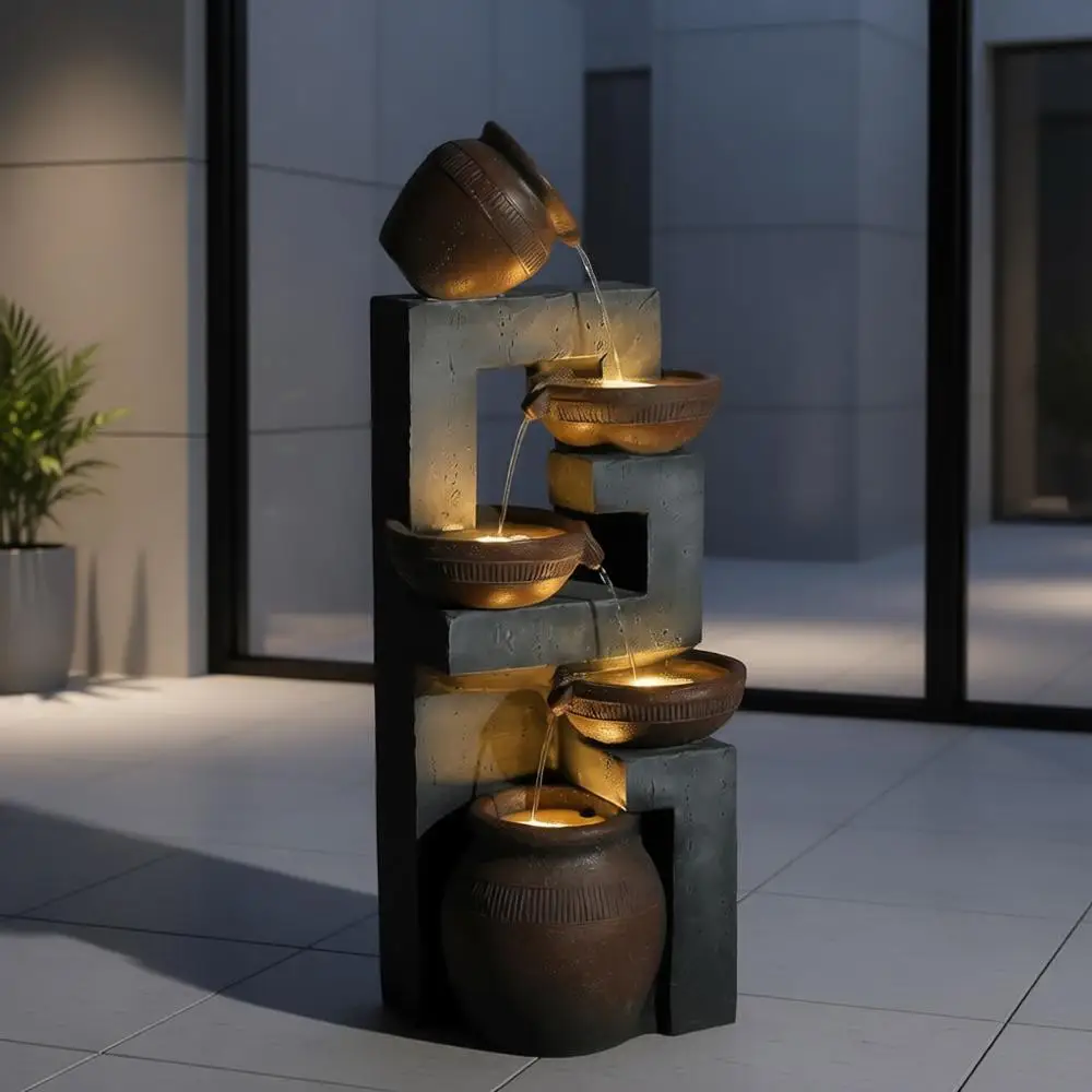 

5-Tier LED-lit Outdoor Water Fountain, 33.8 High, Brown, for Garden, Patio, Porch, Backyard Decor