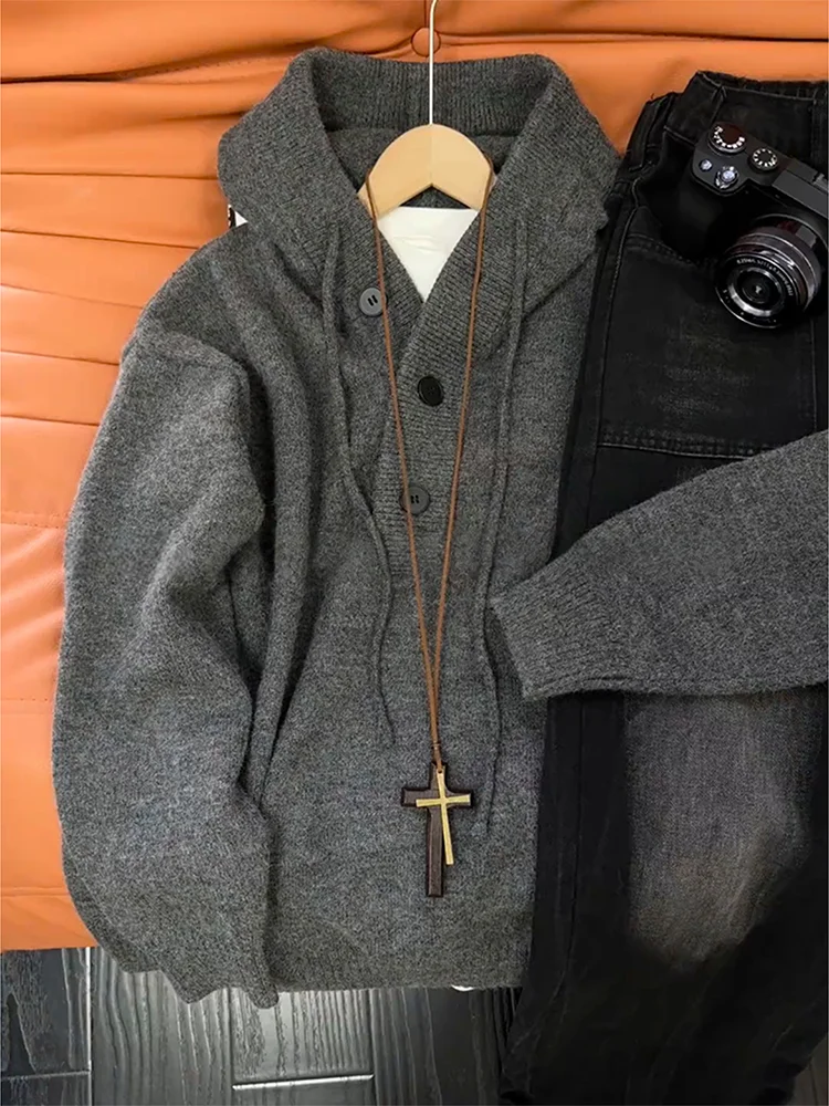 

Мужской вязаный свитер с капюшоном в американском стиле, свободный крой, унисекс, мягкий акрил, длинный рукав, на шнурке, повседневный, осенне-зимний, модный