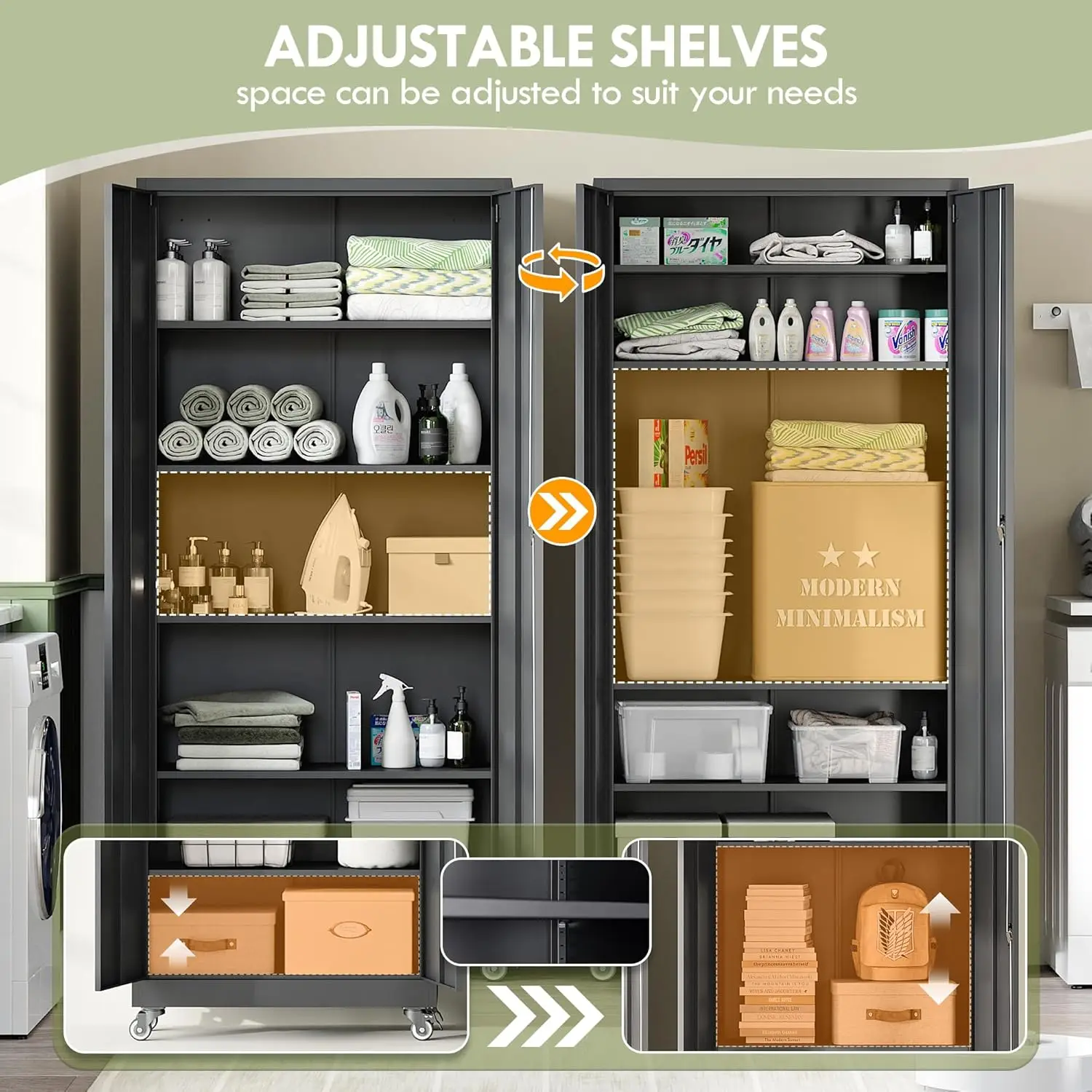 73' Black Locking Tool Cabinet with Wheels, 2 Doors, 4 Shelves, Heavy Duty Garage Storage