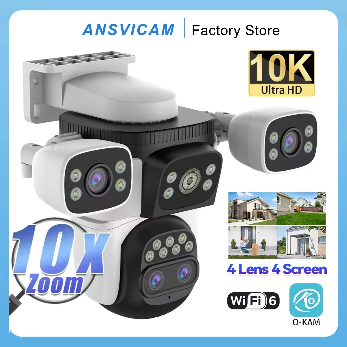 ANSVICAM 10K UHD WiFi6 20MP Outdoor Security Camera with 10X Zoom Four Screens Four Lenses PTZ Auto-Tracking Waterproof for CCTV