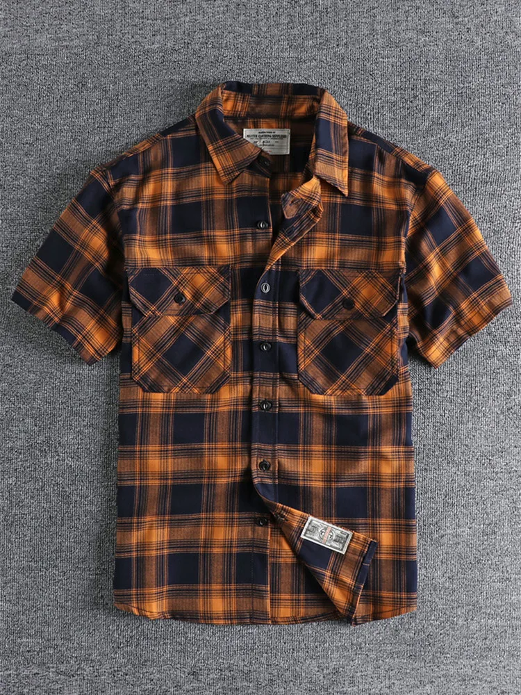 Summer New American Retro Thin Twill Classic Cargo Plaid Shirt Men\'s Fashion Short Sleeve Lapel Double Pocket Casual Blouses