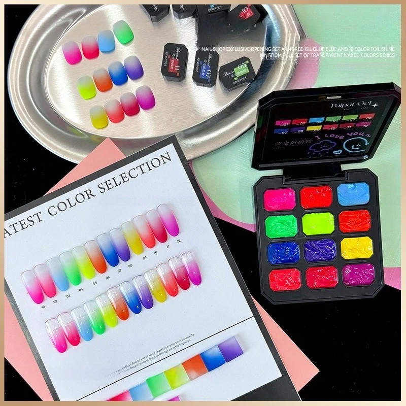 

12Colors Fluorescent Gradient Pat Painting Gel Nail Polish Semi Permanent Soak Off UV LED Nail Art Gel Varnishes For Manicure