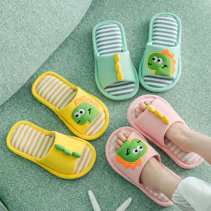 Children\'s Dinosaur Linen Slippers Spring and Autumn Cute Baby Home Indoor Flooring Boys and Girls\' Slippers Non slip Soft Soles