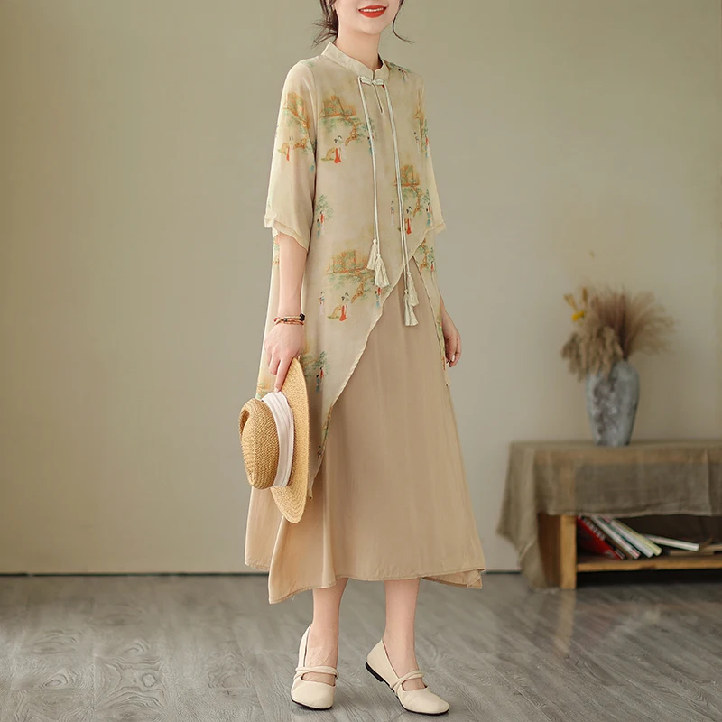 ชุดกี่เพ้าสไตล์จีนใหม่สำหรับผู้หญิง ลายพิมพ์ย้อนยุค กระโปรงยาวทรงหลวมสำหรับฤดูร้อน พร้อมกระดุมตกแต่ง ความยาวปานกลาง ผ้าโปร่งลายดอกไม้