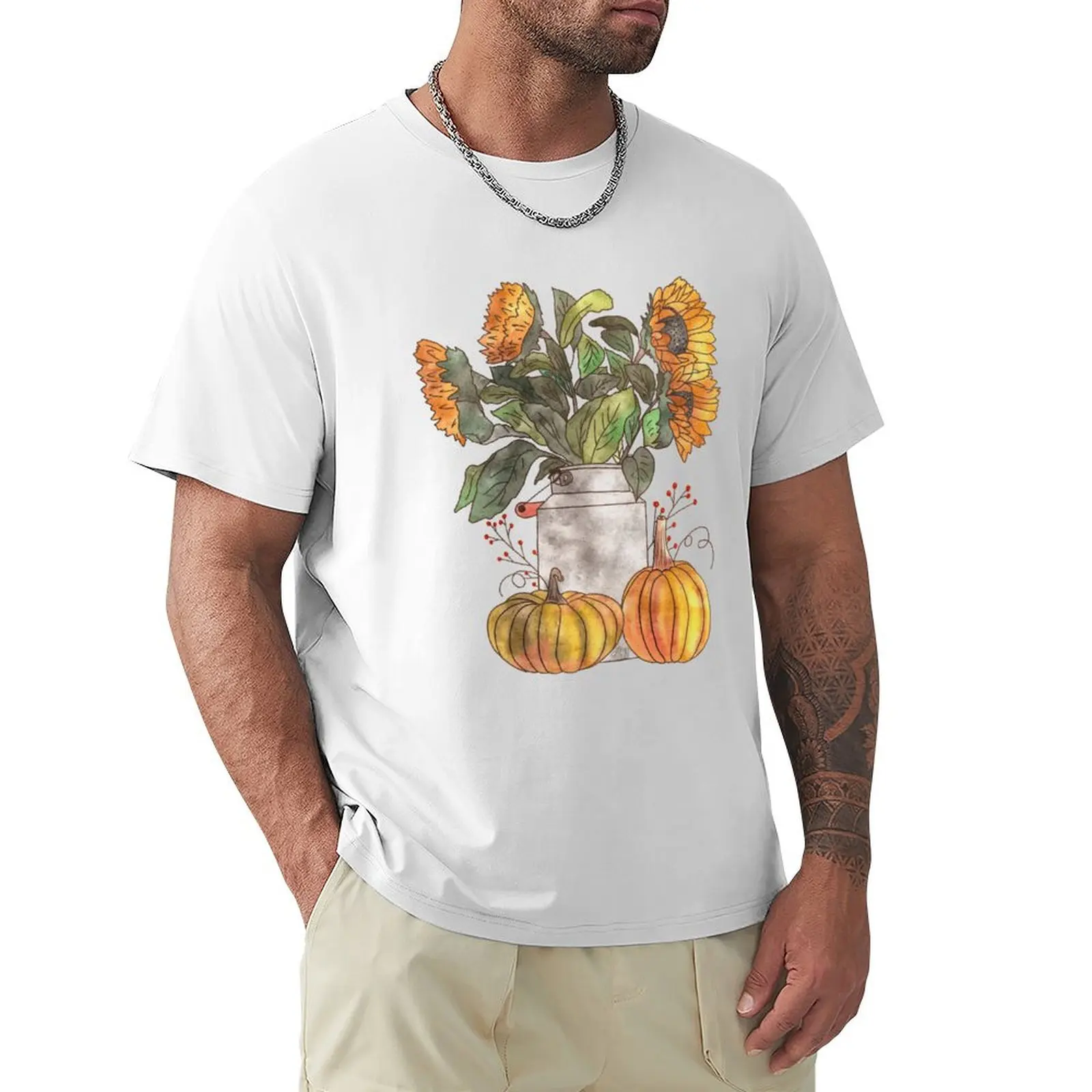 Pumpkins with Sunflowers in Milk Can T-Shirt graphics sports fans boys animal print mens cotton t shirts