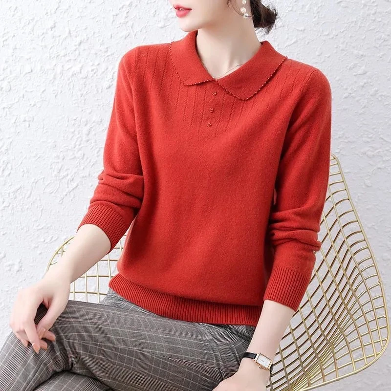 Middle-Aged Women's Sweaters Spring Autumn Knitted Pullovers New Doll Collar Long Sleeve Mother Jumpur Female Sweater Coat W62