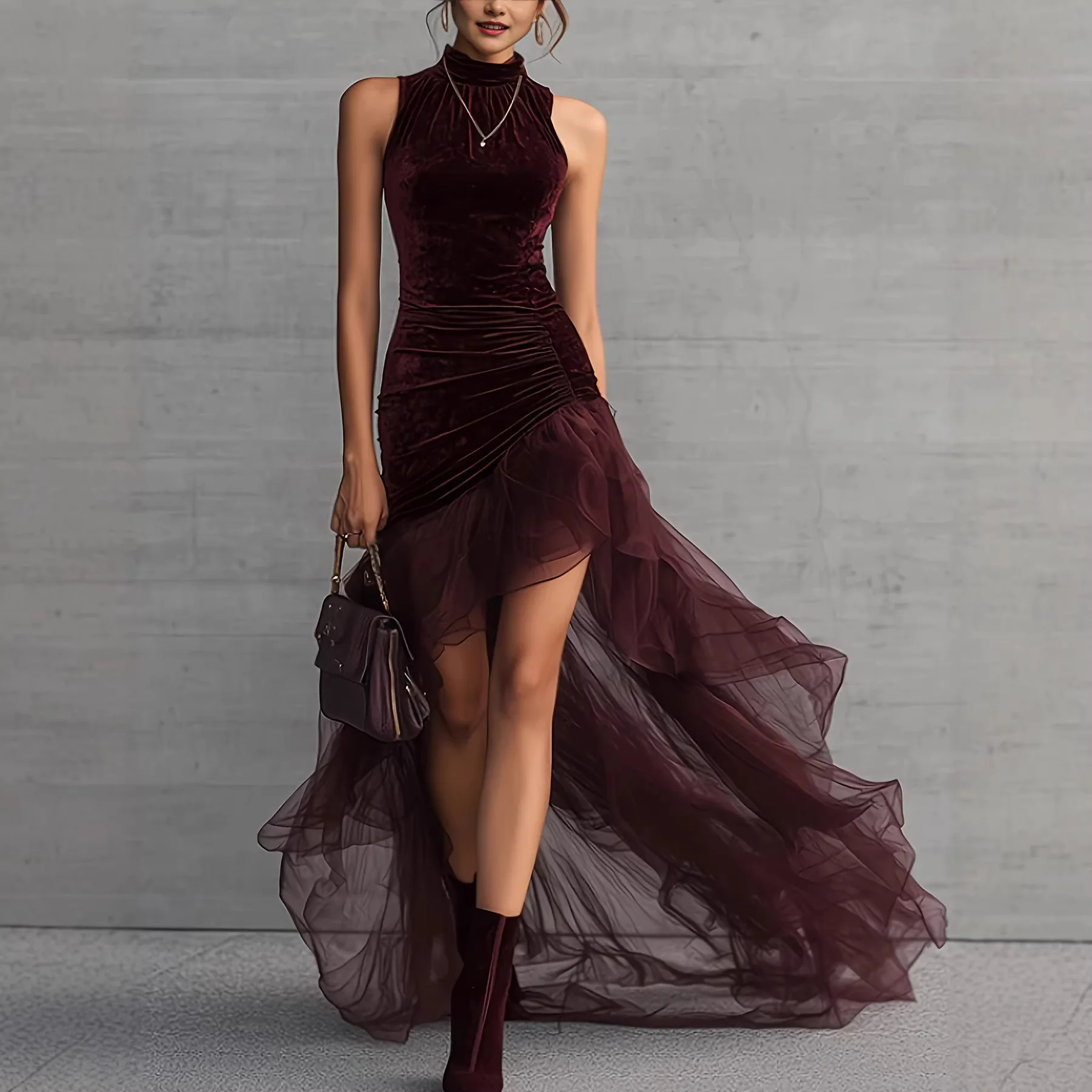 New Solid Long Dress V-neck Lace Splicing Chiffon Dress Summer Fashion Elegant Casual Holiday Party Dresses For Women Robe Femme