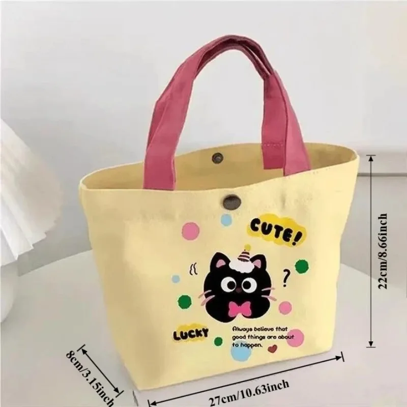 Pink Polka Dot Cat Canvas Handbag, Cute Mini Dopamine Bento Bag Lightweight Tote Bag for Daily Commute Outdoor Shopping