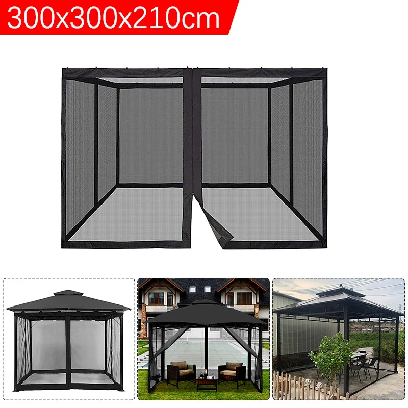 300x300x210cm Black Gazebo Garden Mosquito Net Waterproof Universal Replacement Canopy Net Screen 4-Door Curtain with Zippers