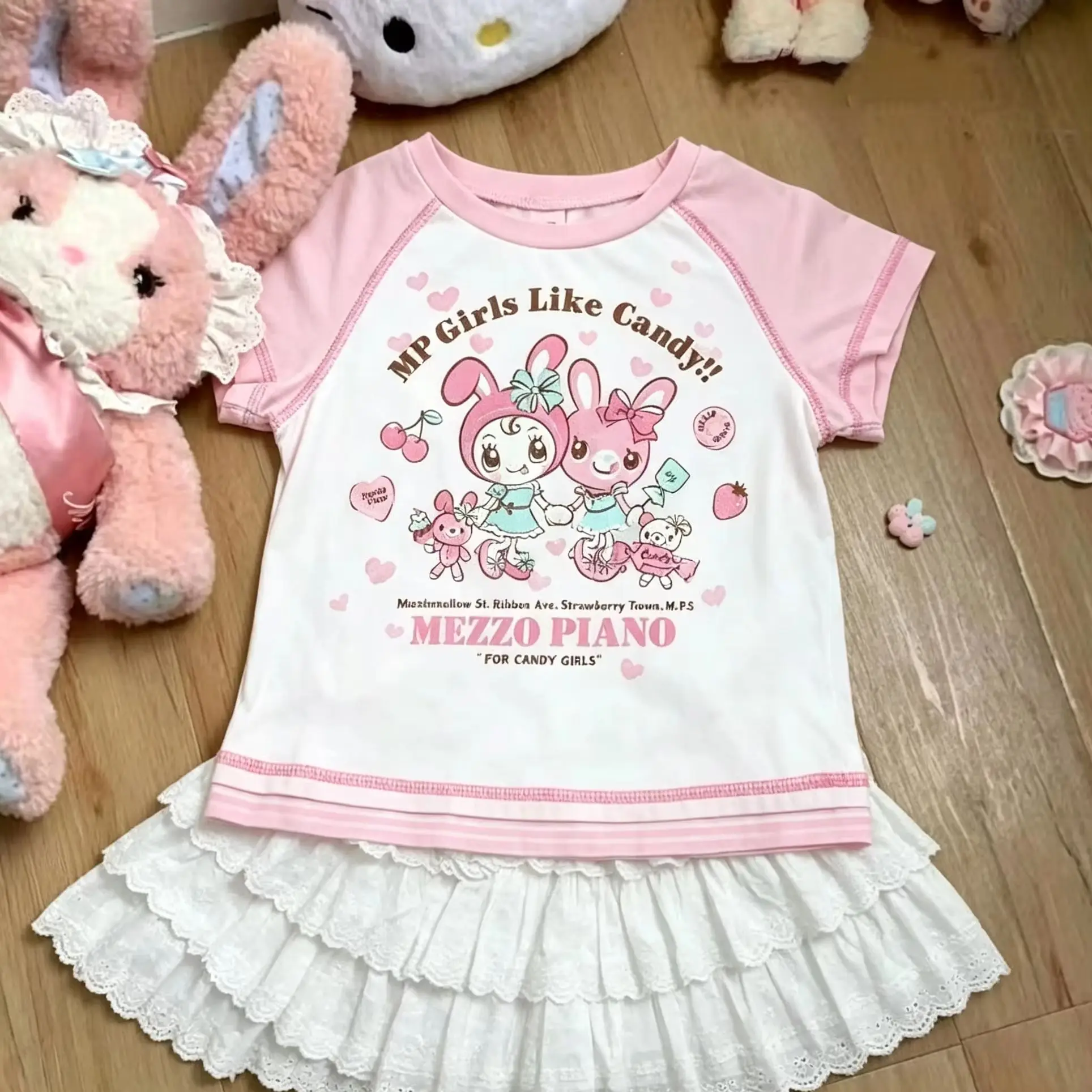 Cartoon Print Pink Kawaii Matching Suit Women Short Sleeve Top Lace Hem Skirt Vintage Sweet Y2K Daily Street Outfit