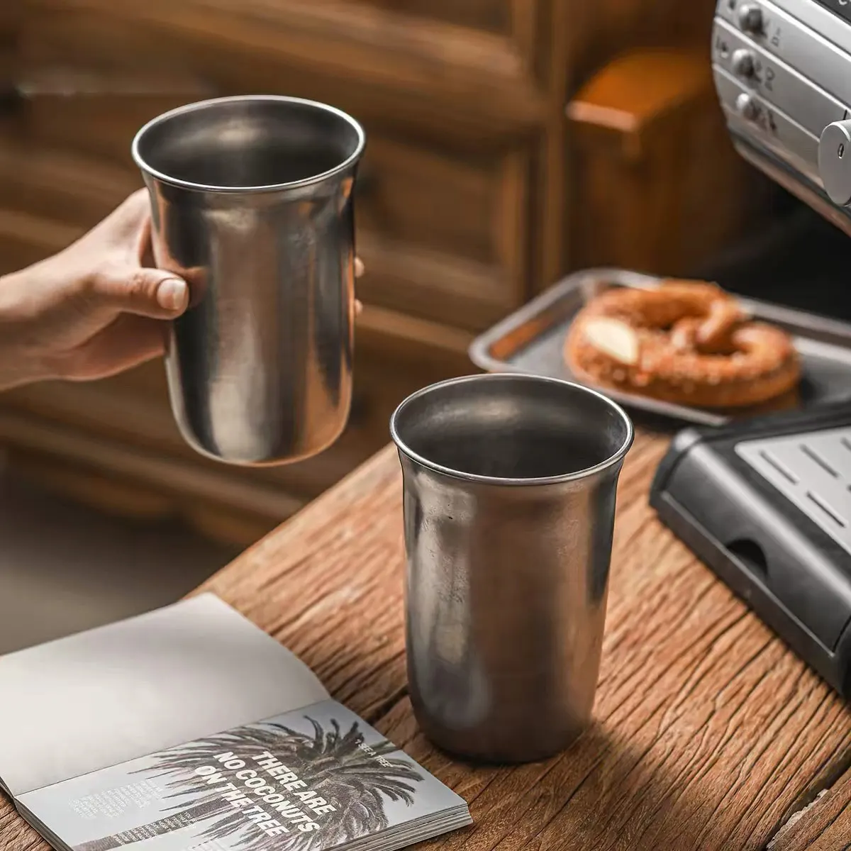 Stainless Steel Beer Mug, Vintage-Style Water Cup, Snowflake Gray Bar Drink Cup, Restaurant Barbecue Water Cup, Milk Tea Cup, 700ml, 4 Pieces