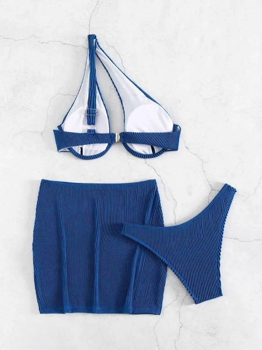 

Three-Piece Ribbed Swimwear Set Featuring Cut-Out Underwire Top, High-Waisted Skirt, And Thong Bottom
