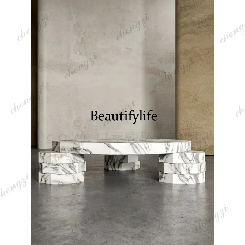 03 Italian light luxury high sense natural big flower white marble coffee table living room household round coffee table