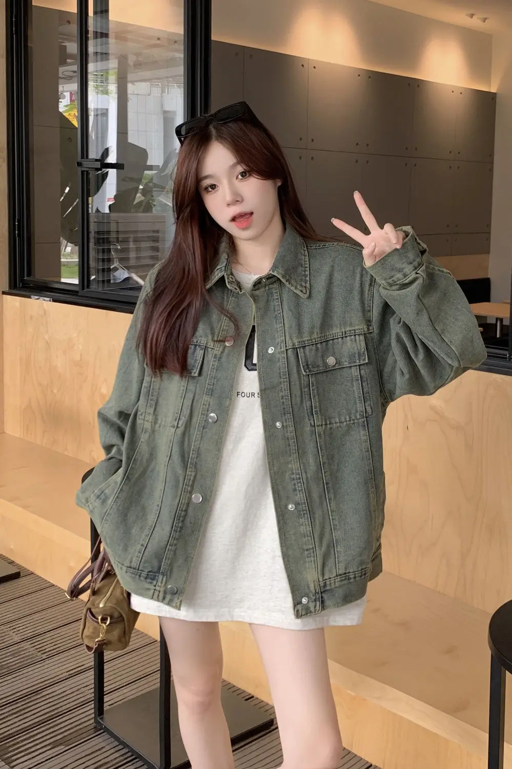 

Denim Coat Brown Color Womens Spring Cropped Outcoats Sweet Vacation Lovely Pocketed Fitted Drawstring Minimalism Layered Jacket