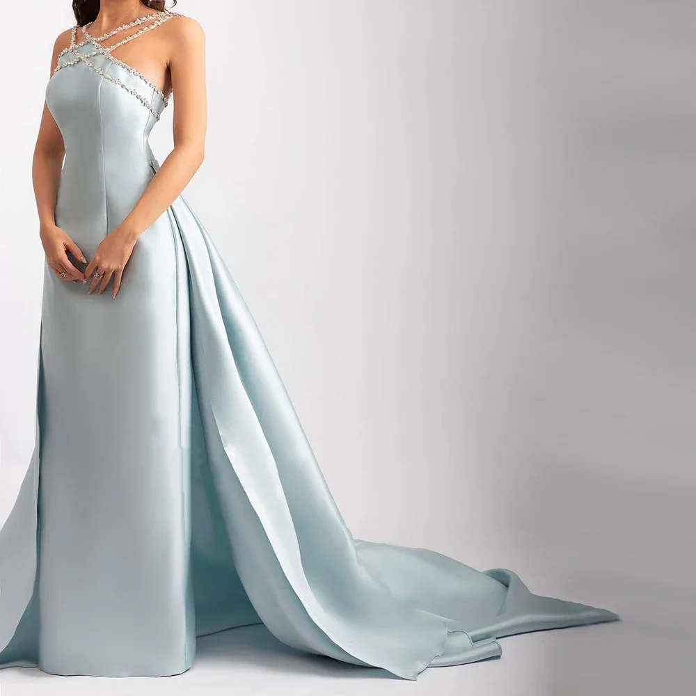 Sharon Said Elegant Light Blue Satin Arabic Evening Dress for Women Weding Overskirt Formal Party Gowns SF048 Customized