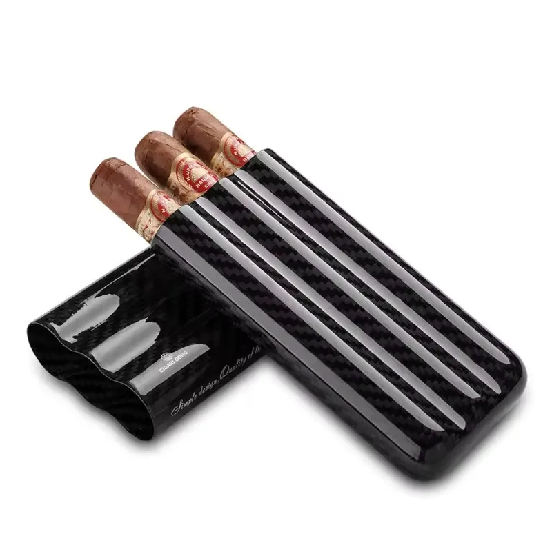 

3 Tubes Black Carbon Fiber Gloss Cigar Case: Pocket-Sized Tobacco Holder Portable Travel Humidor with Elegant Gift Box Inclusion