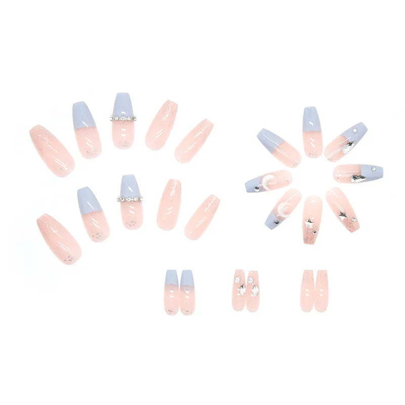 24P/Box Sea Salt Macaron Color Clear Transparent with Drill Press on Nails Long Coffin Fake Nail Stars Moon Removable False Nail