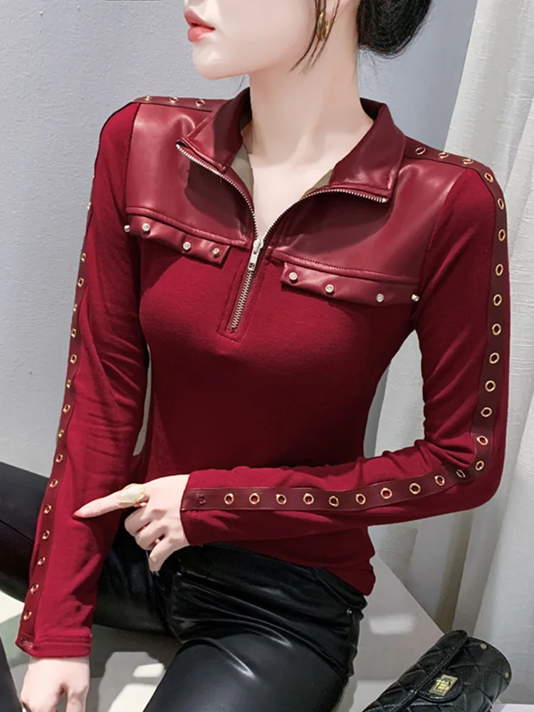 2025 Autumn/Winter New Zipper Personalized Stylish T-Shirt Bottom Shirt Splicing Leather Versatile And Slimming Women's Stand Up